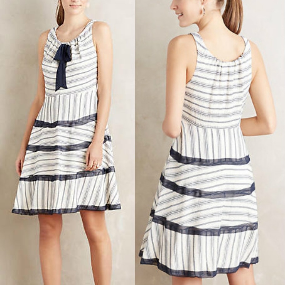 ANTHROPOLOGIE Orchard Hill Dress by Eva Franco White Navy Stripe Bow NWT